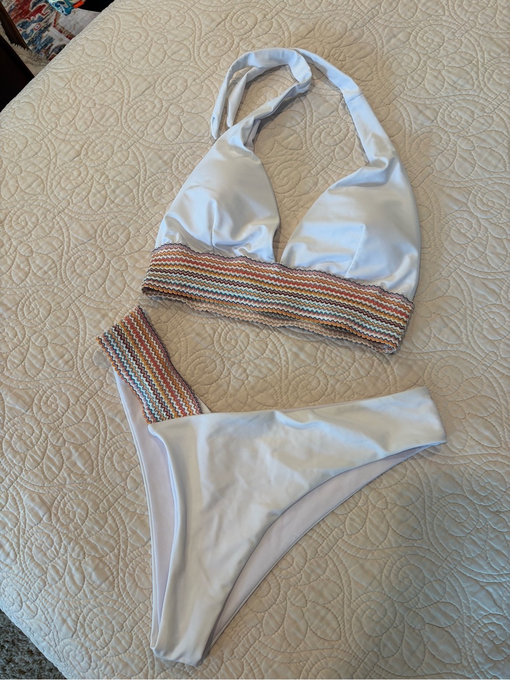 Never Worn White Halter Bikini with Multicolor Zigzag Trim